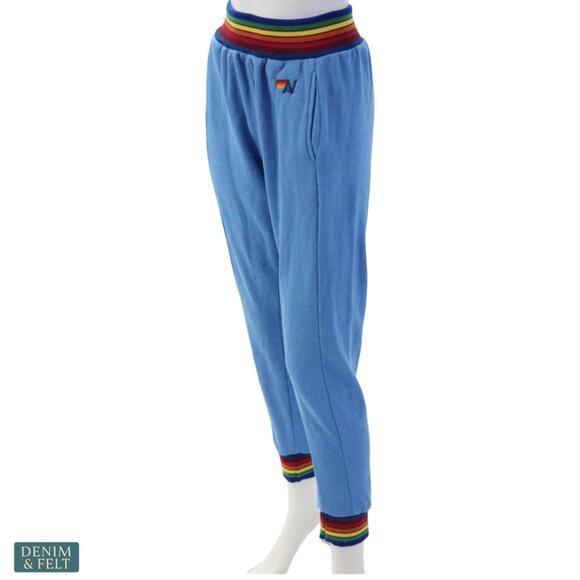 Aviator Nation Rainbow Stripe Sweatpants Blue Retro Coastal Cozy Luxe Joggers SM